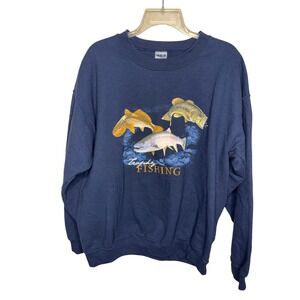 Gildan Mens L Navy Blue Graphic Sweatshirt Trophy Fishing Fish Print